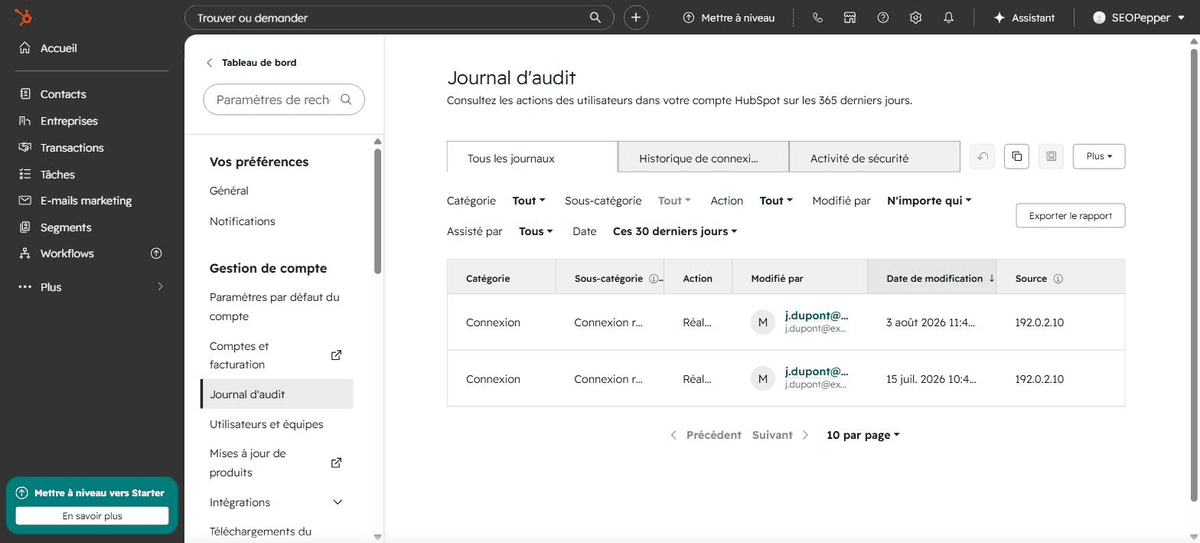 Journal d'audit HubSpot affichant les actions et connexions des utilisateurs