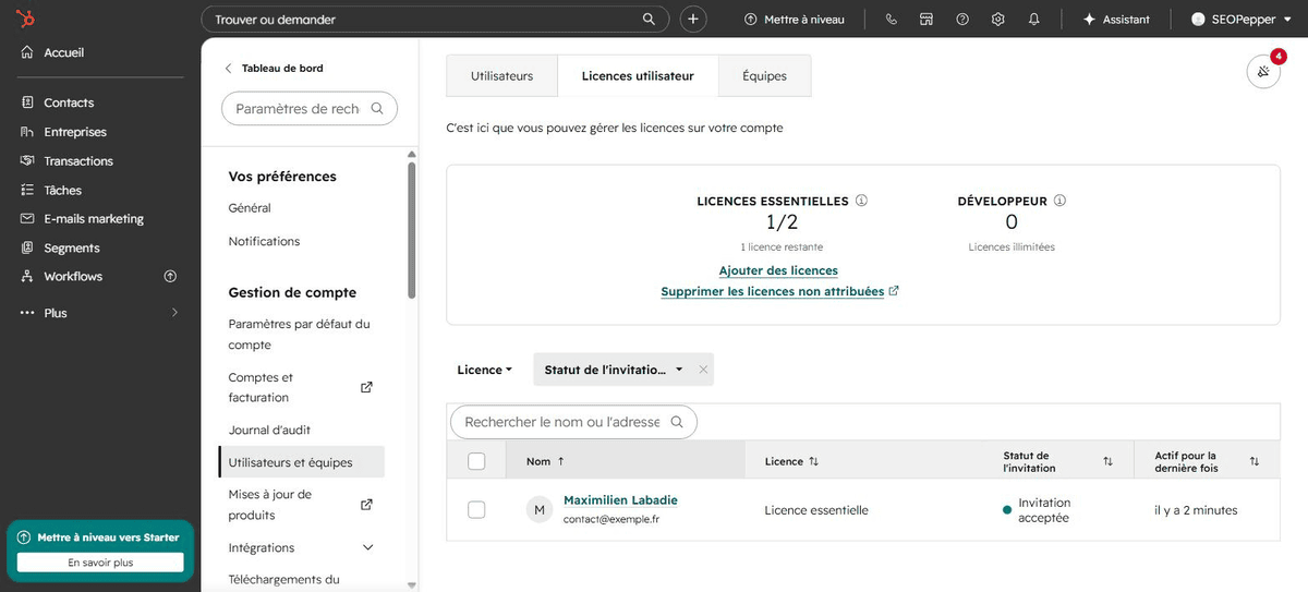 Écran de gestion des licences utilisateur dans les paramètres HubSpot