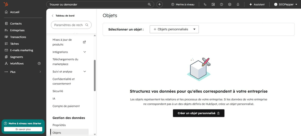 Création d'un objet personnalisé verrouillée dans les paramètres HubSpot