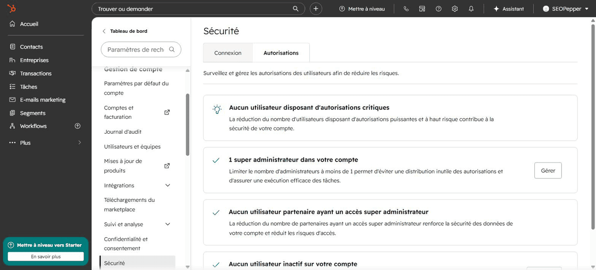 Tableau de bord des autorisations dans les paramètres de sécurité HubSpot