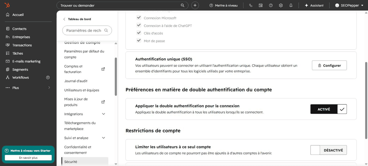 Paramètres d'authentification unique SSO dans la section Sécurité de HubSpot