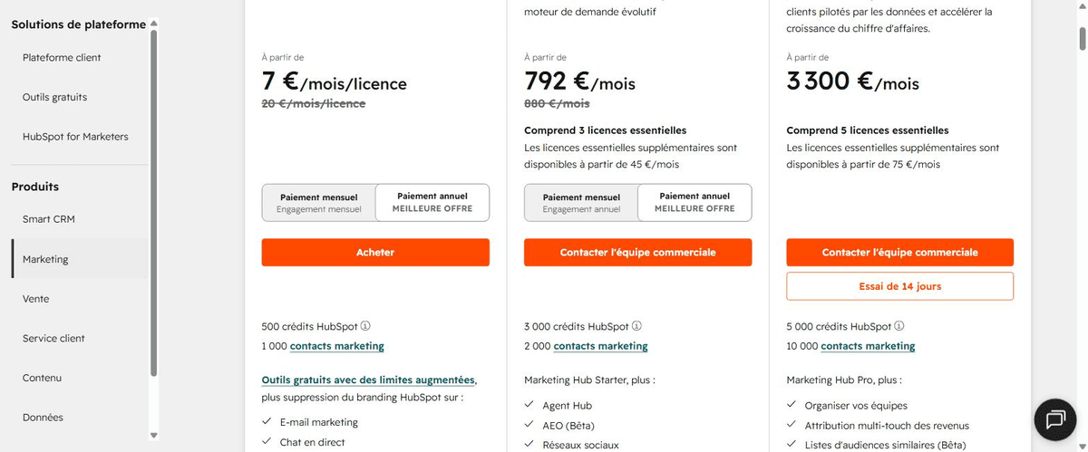 Tarifs en euros du Marketing Hub HubSpot : offres Starter, Pro et Entreprise comparées