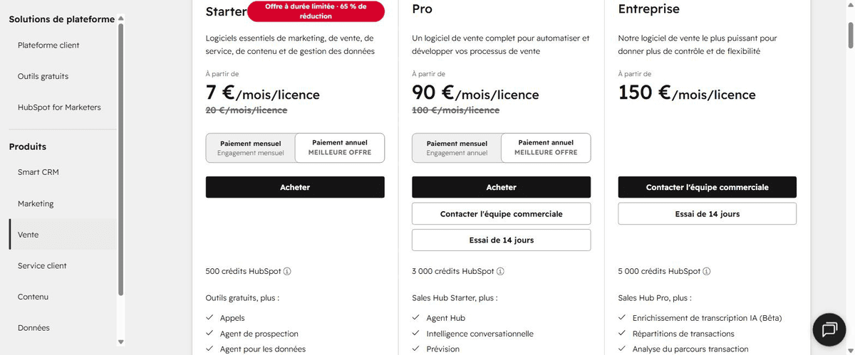 Tarifs en euros du Sales Hub HubSpot : prix par licence en Pro et en Entreprise