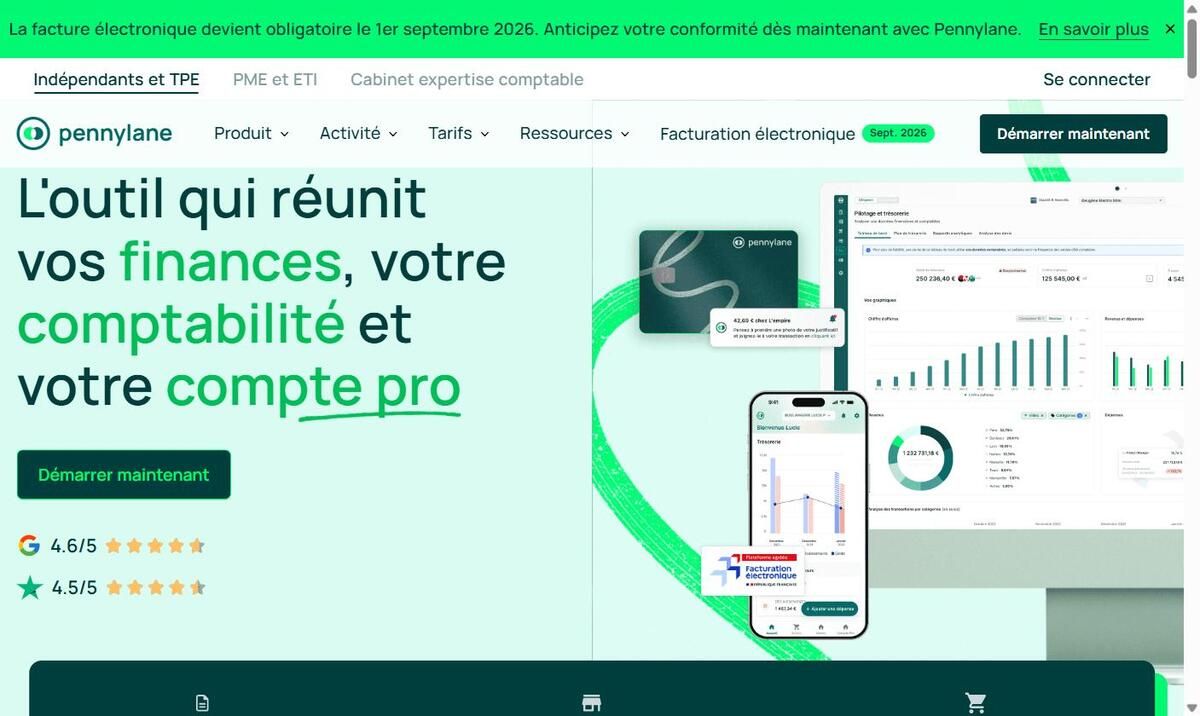 Interface de Pennylane, logiciel français de facturation et de gestion pour indépendants et TPE