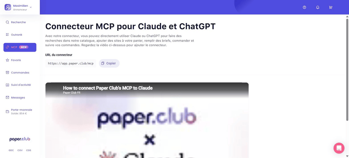 Connecteur MCP de Paper Club permettant de piloter le catalogue depuis Claude ou ChatGPT
