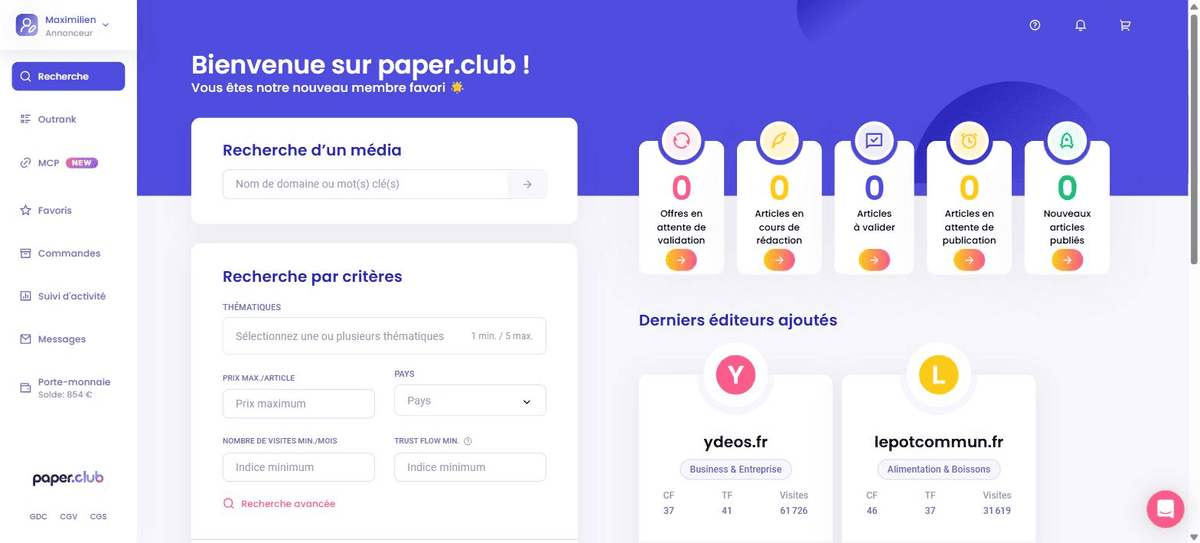 Tableau de bord annonceur Paper Club avec la recherche de médias et le suivi des articles en cours