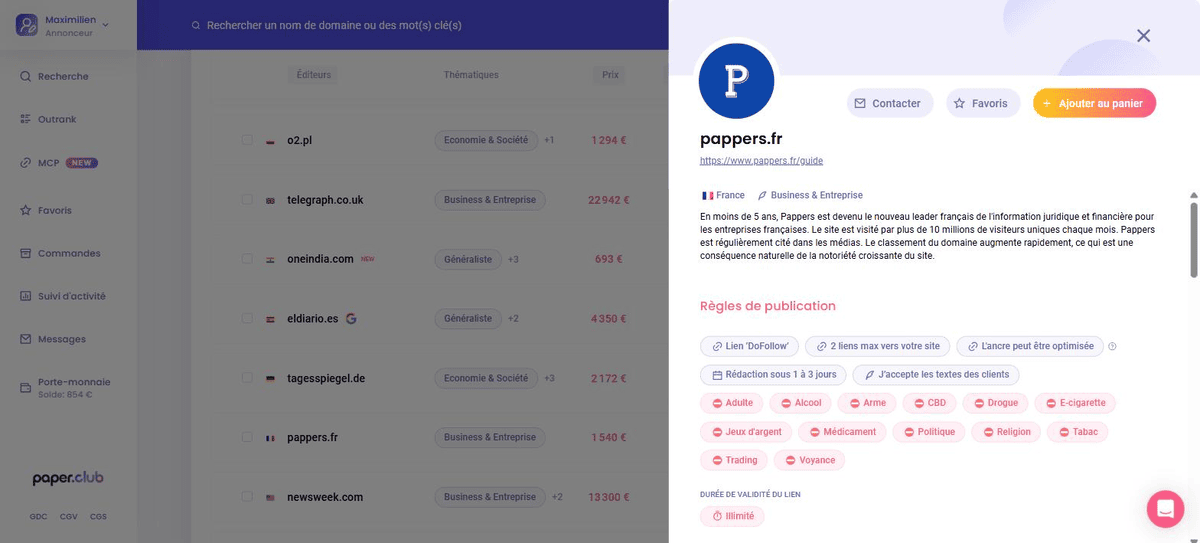 Fiche média Paper Club détaillant les règles de publication : lien dofollow, nombre de liens et thématiques refusées