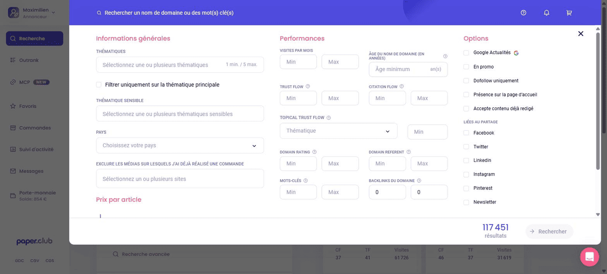 Recherche avancée Paper Club avec les filtres Trust Flow, Citation Flow, Domain Rating et trafic