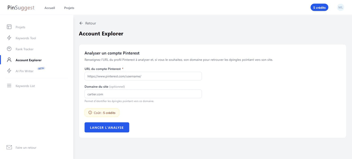 Module Account Explorer de Pin'Suggest pour auditer et scorer un compte Pinterest