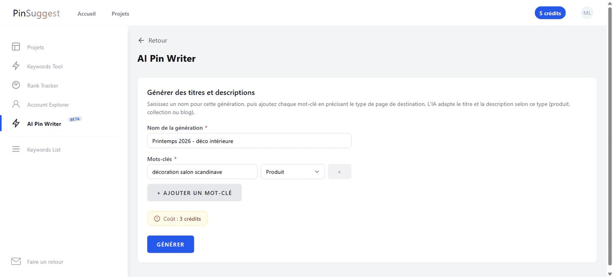 Module AI Pin Writer de Pin'Suggest pour générer les titres et descriptions d'épingles Pinterest