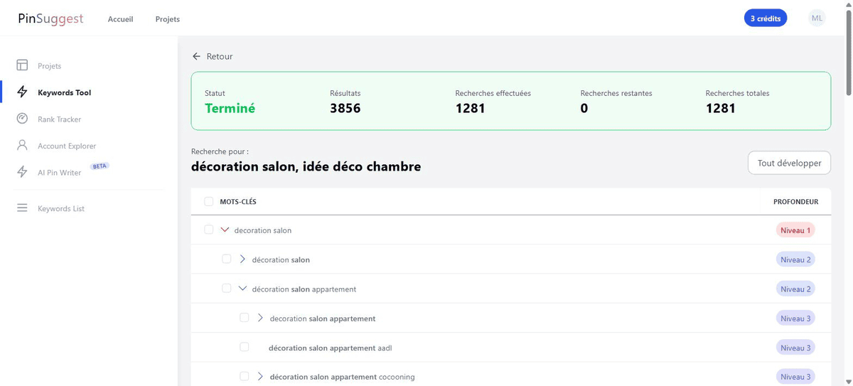 Arborescence des suggestions de mots-clés Pinterest sur trois niveaux dans Pin'Suggest