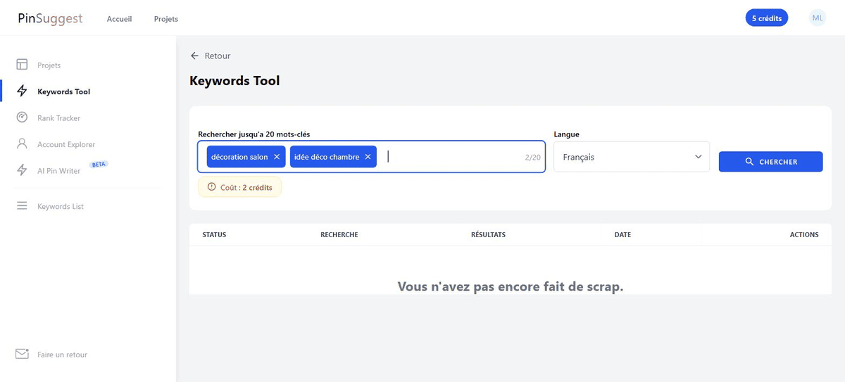 Formulaire du Keyword Tool de Pin'Suggest affichant le coût en crédits avant lancement