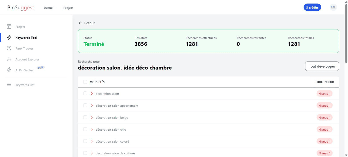 Résultats de suggestions de mots-clés Pinterest générés par le Keyword Tool de Pin'Suggest