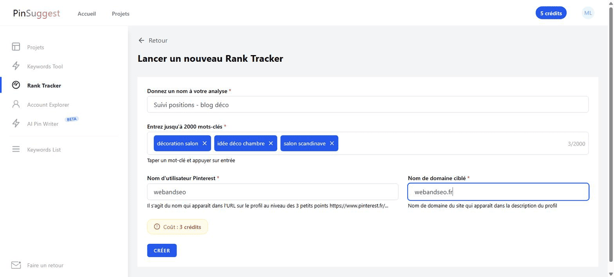 Configuration d'une analyse de visibilité Pinterest dans le Rank Tracker de Pin'Suggest