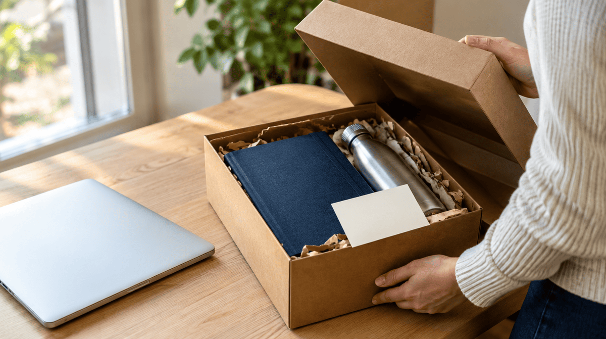 Box cadeau client personnalisée avec carnet, gourde isotherme et carte manuscrite