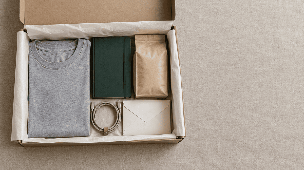 Box cadeau client sur mesure avec t-shirt gris, carnet vert et carte manuscrite dans un colis kraft