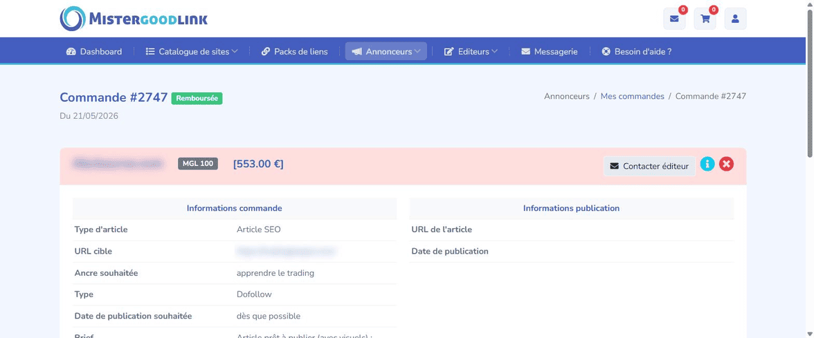 Commande MisterGoodLink remboursée après un site éditeur resté sans réponse