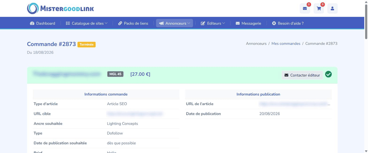 Détail d'une commande MisterGoodLink terminée avec statut de publication validé