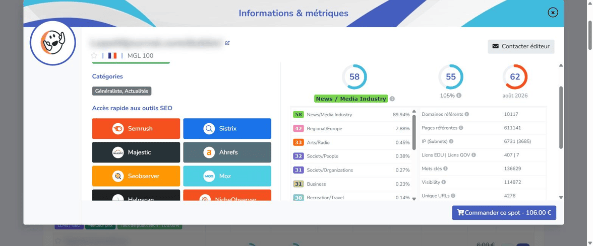 Fiche détail d'un site MisterGoodLink avec liens directs vers Majestic, Ahrefs, Semrush et SEObserver