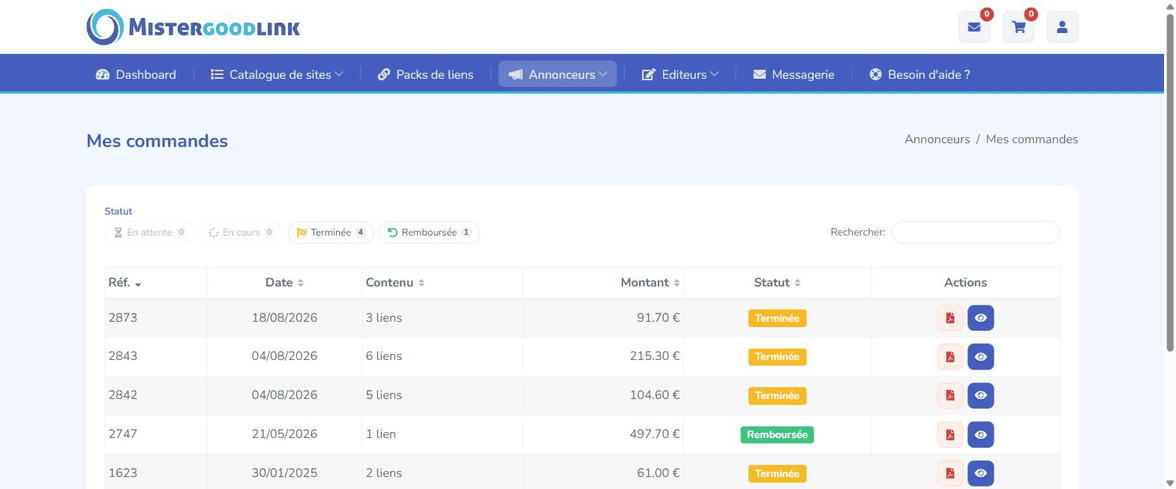 Tableau de suivi des commandes MisterGoodLink avec statuts Terminée et Remboursée