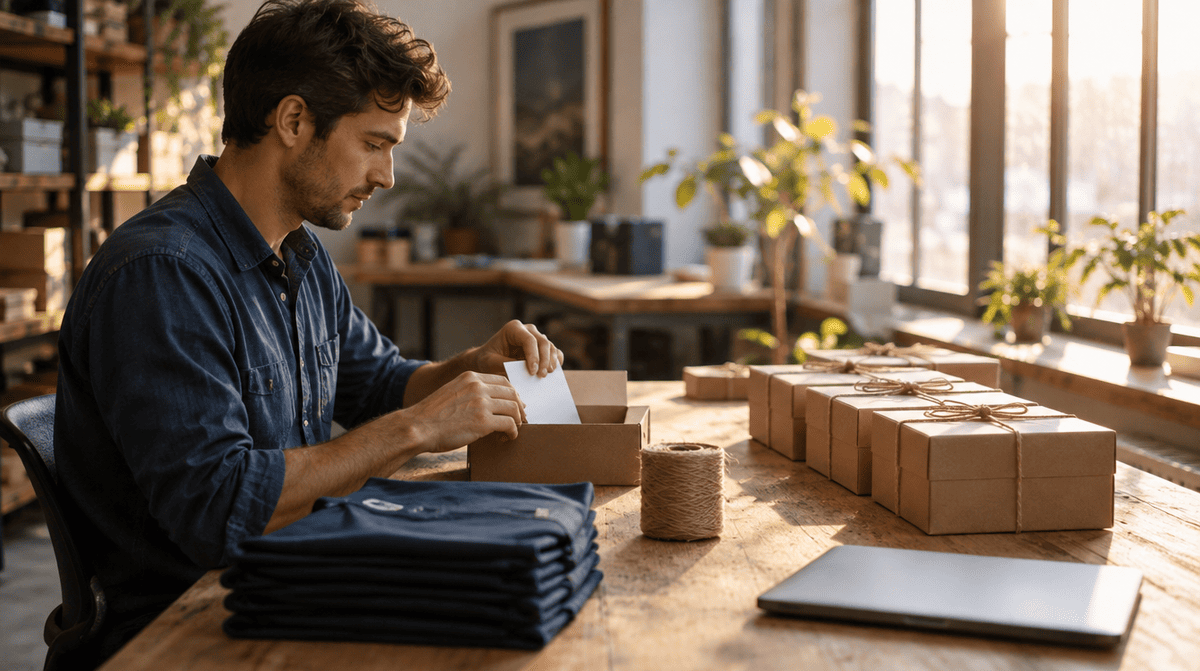 Préparation de box cadeau client en série : un entrepreneur glisse une carte dans un colis kraft